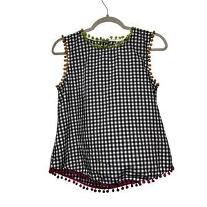 Ivy Jane Gingham Pom Pom Trim Sleeveless Top Women Size S Boho Bohemian Hippie